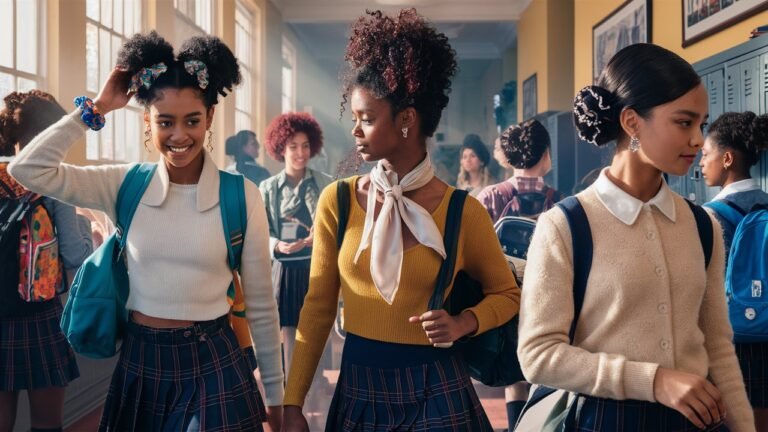 A young girl in a casual school setting, wearing a pastel hoodie and jeans, styled with two neat space buns on the crown of her head. The buns are formed by twisting her naturally curly hair and are secured with brightly colored scrunchies. The rest of her curls flow freely down her back, shiny and well-defined. She is holding a notebook and standing near a row of vibrant school lockers. The lighting highlights the natural volume and texture of her hair, creating a soft and playful vibe. Small, sparkling hair jewels accentuate the hairstyle, adding a whimsical touch.