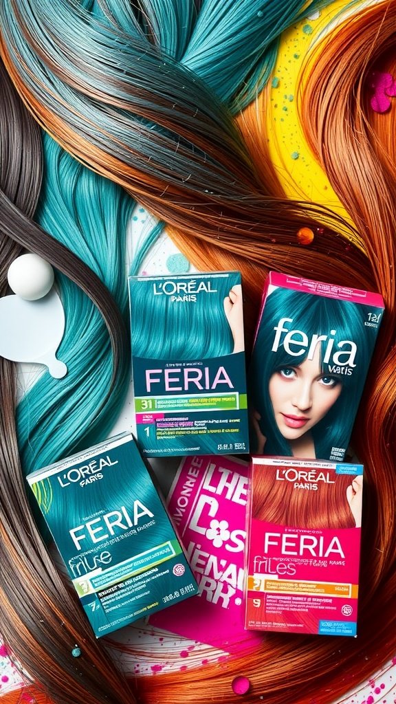 Various shades of L'Oreal Paris Feria hair color with colorful hair strands.