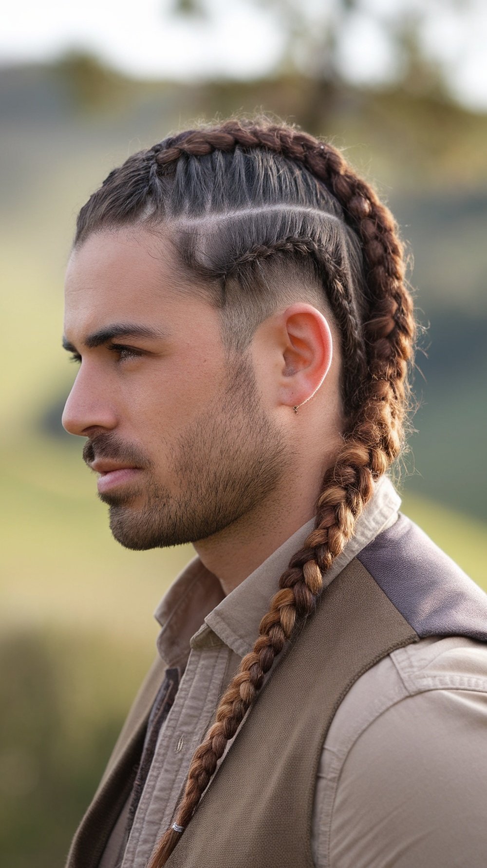 A man with a stylish Dutch braid hairstyle, showing a side profile with a natural background.