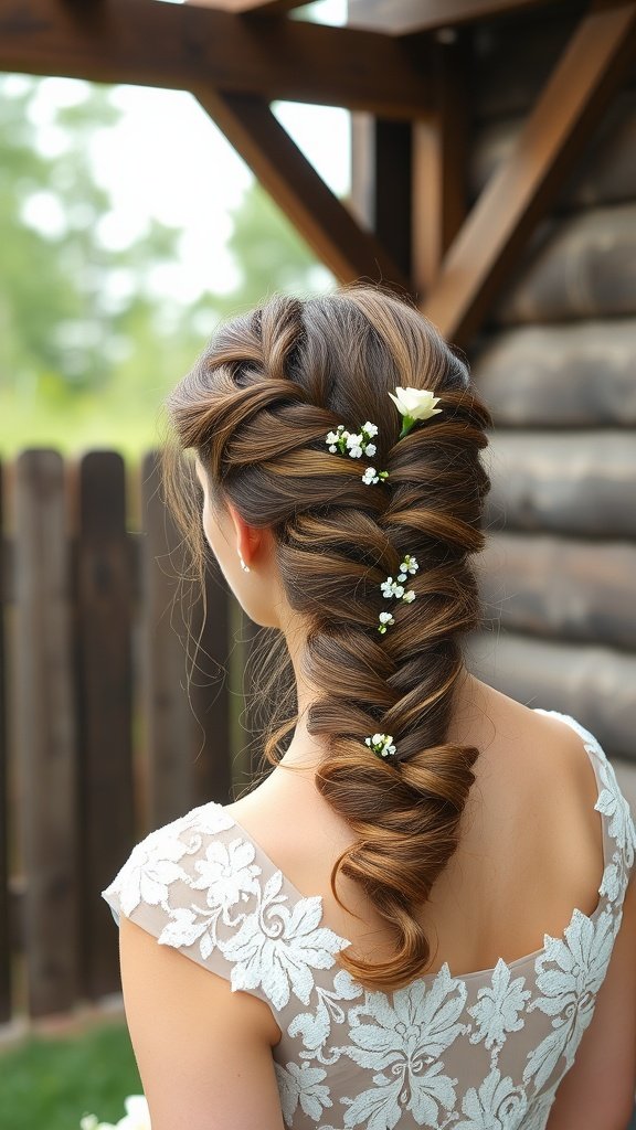 A beautiful braided hairstyle adorned with small flowers, perfect for summer weddings.