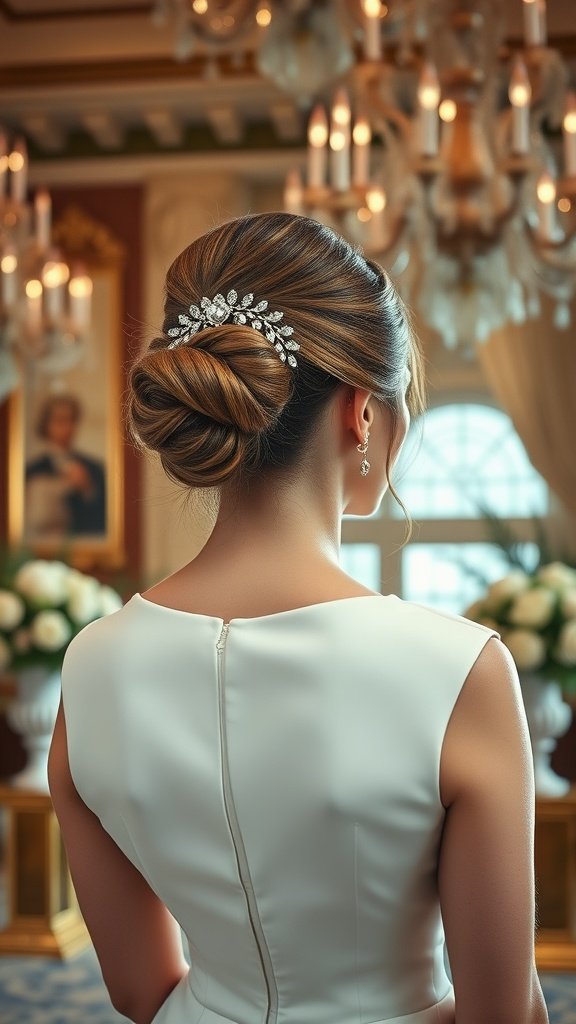 A classic bun hairstyle adorned with hair accessories, perfect for upscale summer weddings.