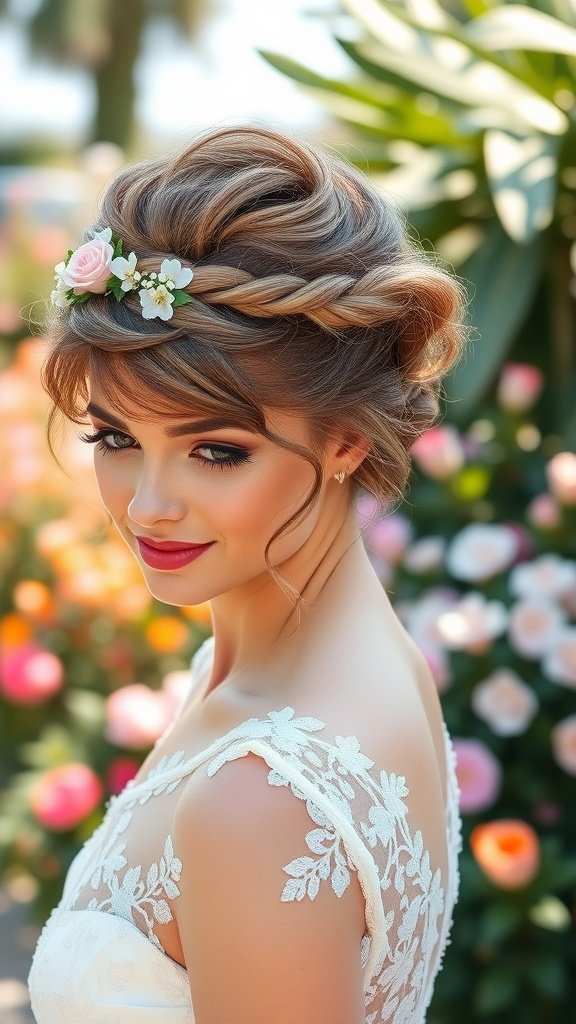 A woman with a romantic updo hairstyle, featuring soft curls and a delicate braid, adorned with flowers, set against a backdrop of colorful flowers.