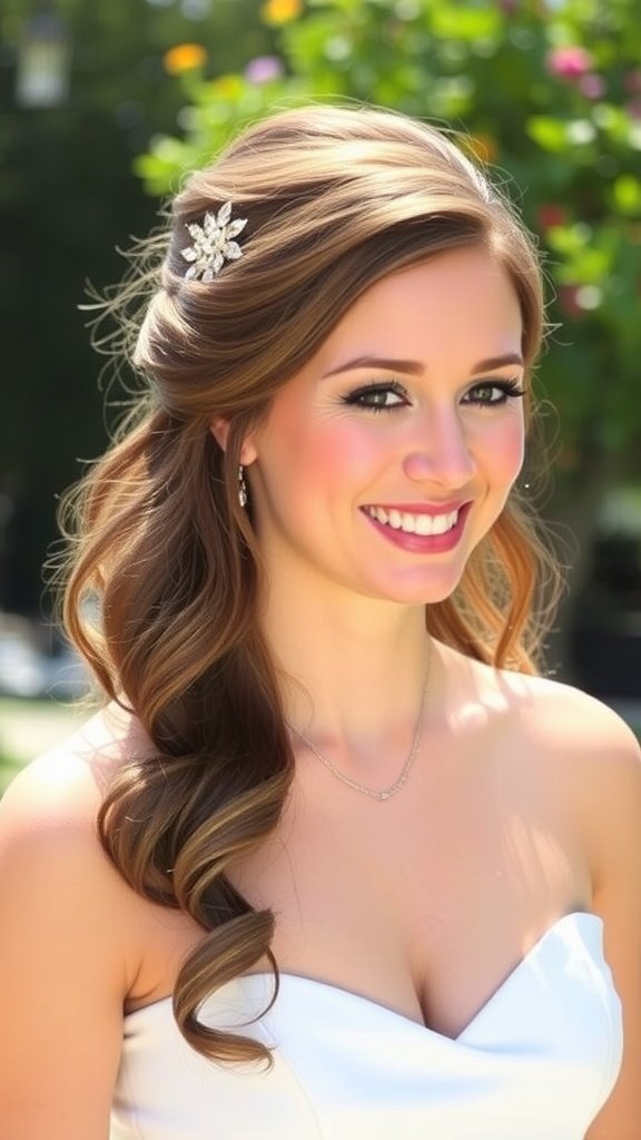 A woman with a half-up hairstyle, featuring soft curls and a floral hair accessory, smiling in a wedding dress.