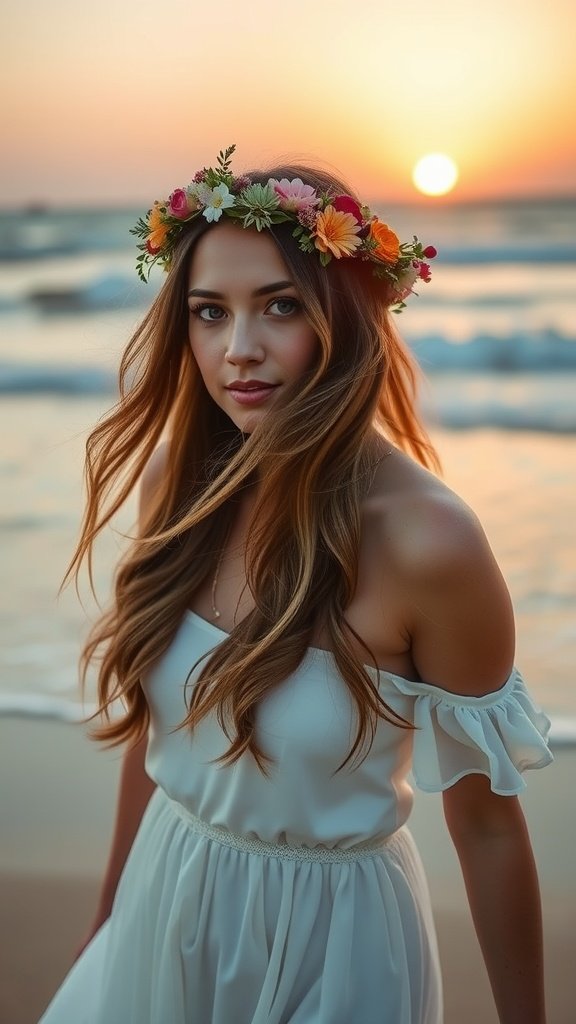 A woman with long loose waves and a floral crown standing by the beach at sunset.