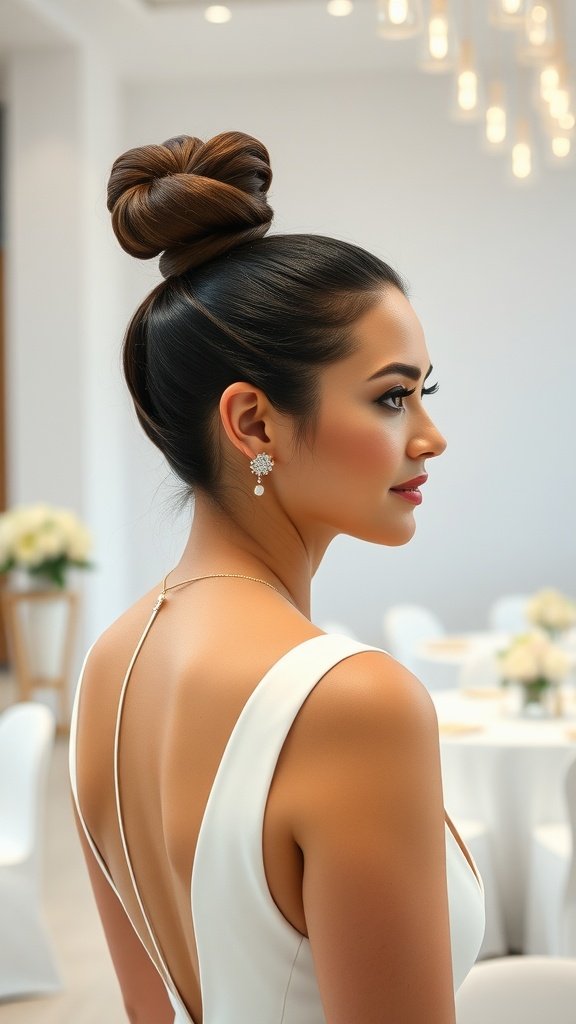 A woman with a sleek ponytail and earrings, showcasing a modern hairstyle for a wedding.