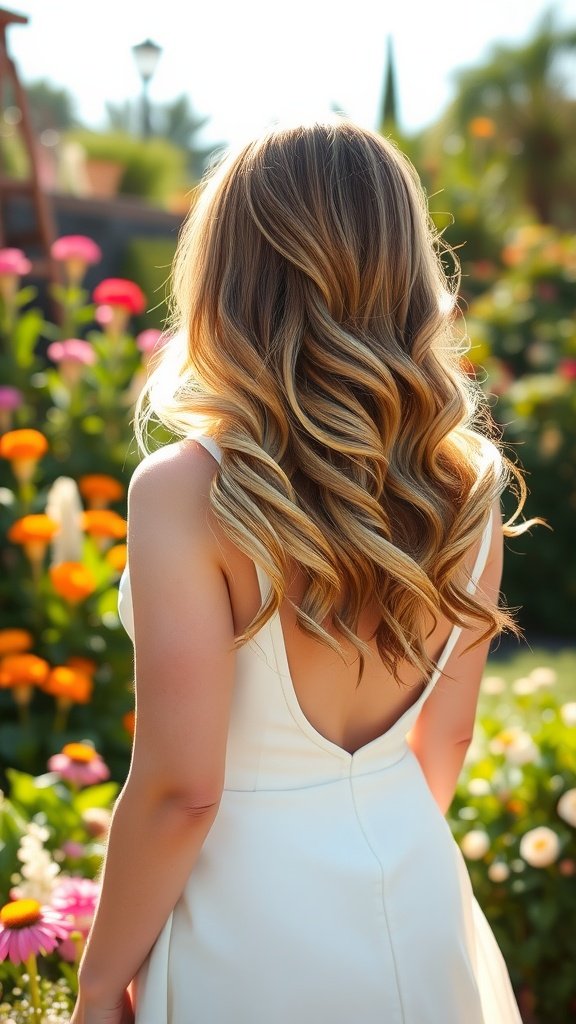 A woman with sunkissed highlights styled in soft waves, wearing a white dress in a vibrant floral garden.