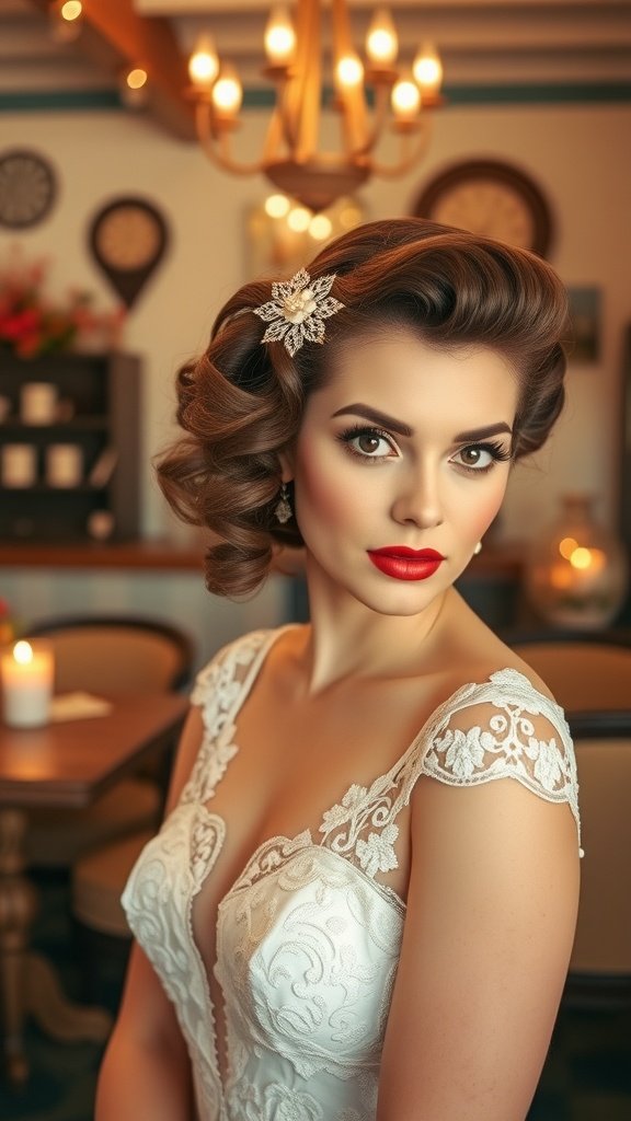 Bride with vintage-inspired hairstyle and lace wedding dress